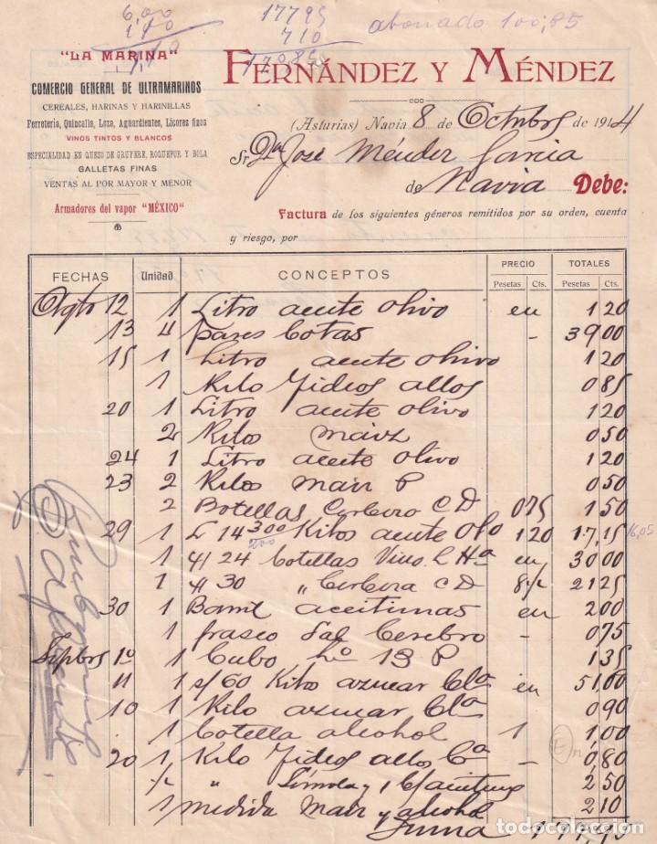 Cartas comerciales: Factura. Fern&aacute;ndez y M&eacute;ndez. La Marina. Cereales, ultramarinos, ferreter&iacute;a, Galletas, Navia Asturias
