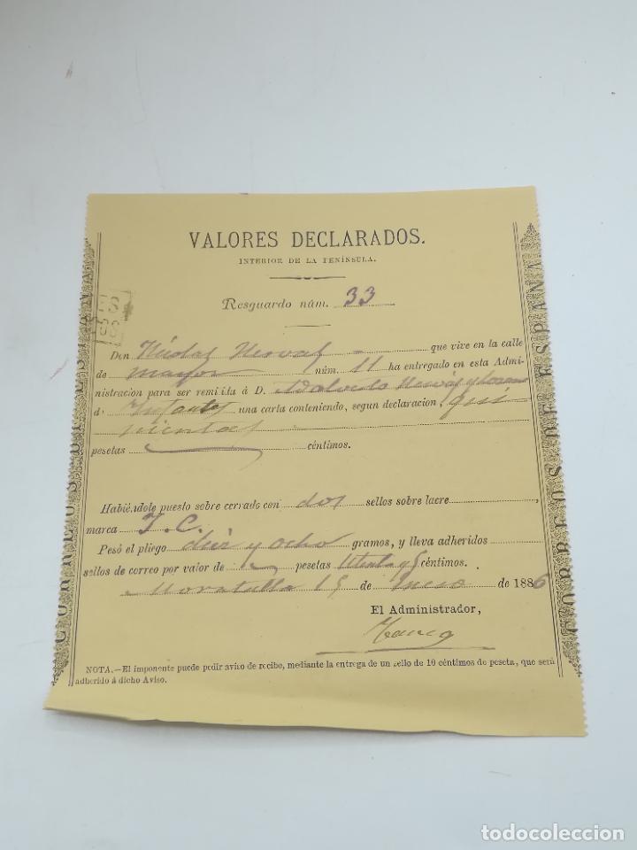 Cartas comerciales: VALORES DECLARADOS. PAGO A LA ADMINISTRACI&Oacute;N POR CARTA CON DECLARACI&Oacute;N. MORATALLA, MURCIA. 1886.