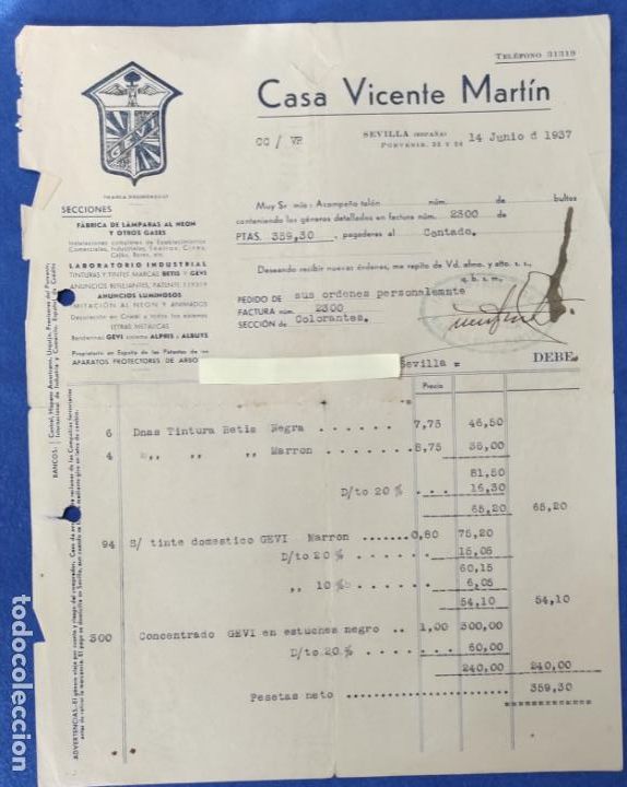Cartas comerciales: Lote de 5 Cartas comerciales Casa Vicente Mart&iacute;n : F&aacute;brica de l&aacute;mparas. Sevilla 1937