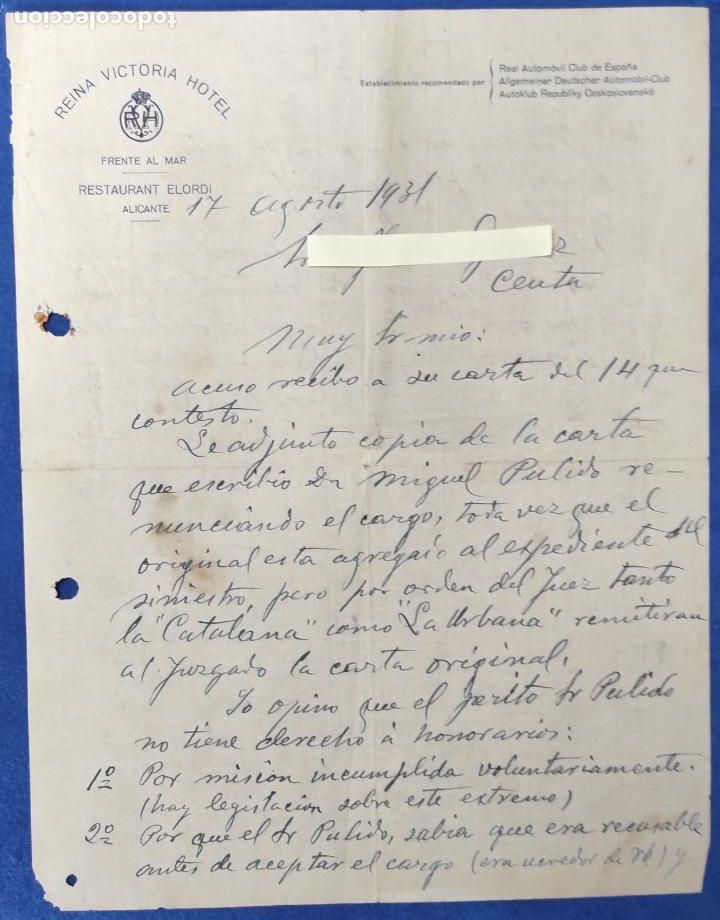 Cartas comerciales: Carta comercial Hotel Reina Victoria . Alicante A&ntilde;o 1931