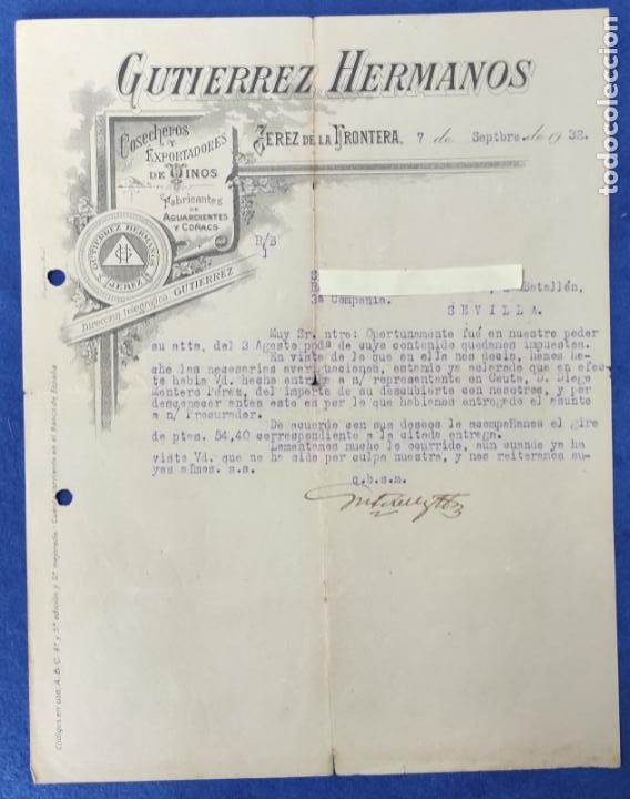 Cartas comerciales: Carta comercial Guti&eacute;rrez Hnos. Cosecheros y f&aacute;brica aguardientes. Jerez de la Frontera 1932