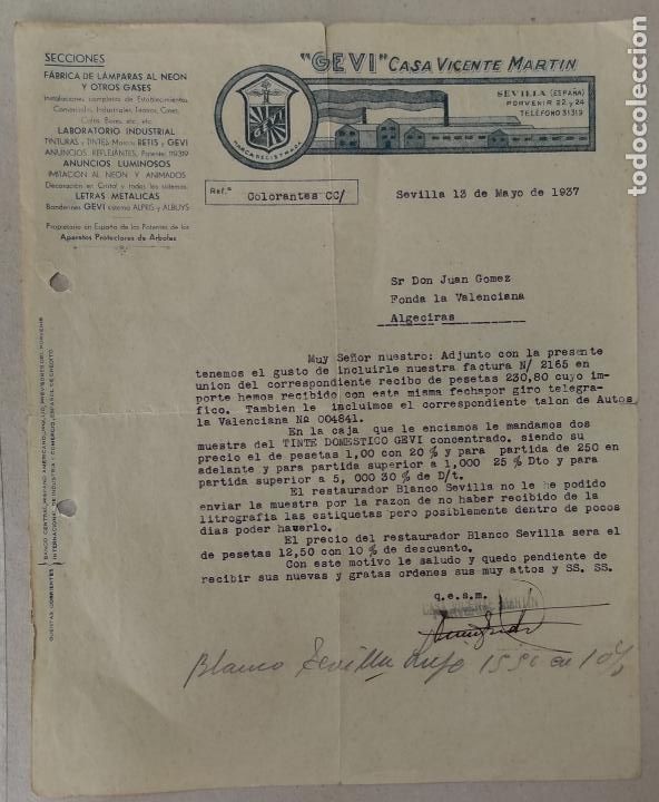 Cartas comerciales: Carta comercial Casa Vicente Mart&iacute;n : F&aacute;brica L&aacute;mparas . Sevilla 1937