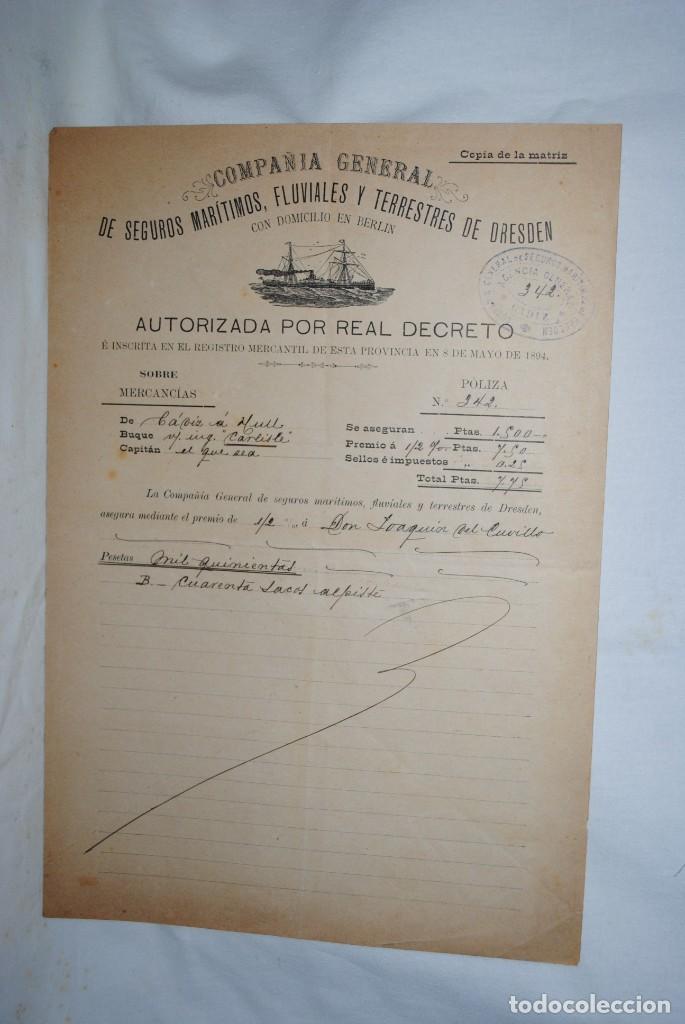 Gesch&auml;ftsbriefe: POLIZA DE SEGUROS MARITIMOS , CADIZ 1904 .