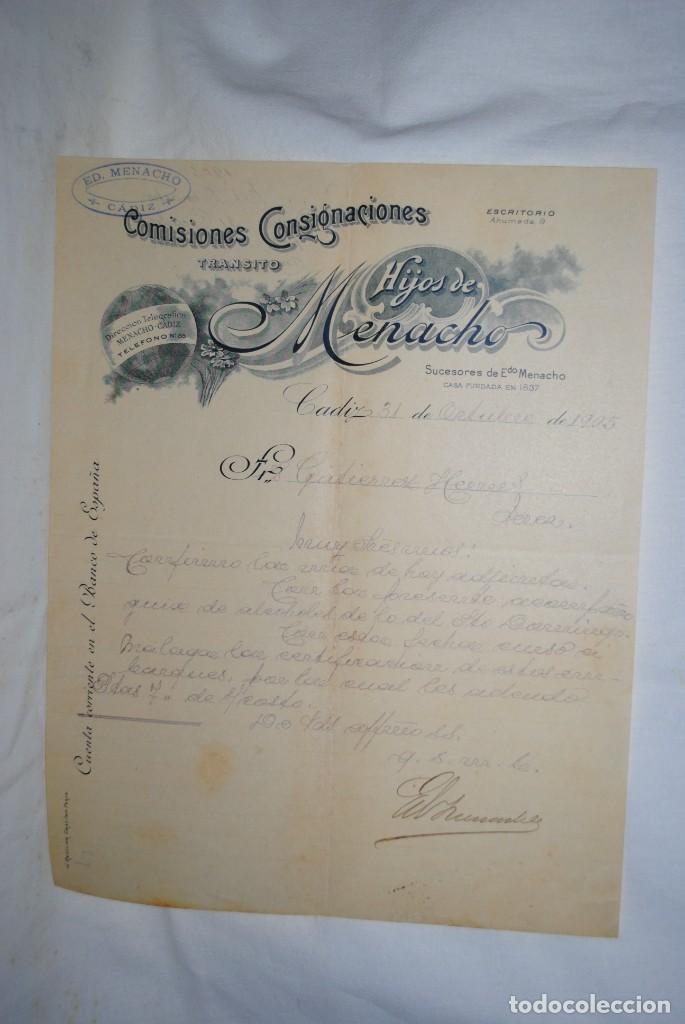 Gesch&auml;ftsbriefe: HIJOS DE MENACHO , COMISIONES Y CONSIGNACIONES CADIZ 1905