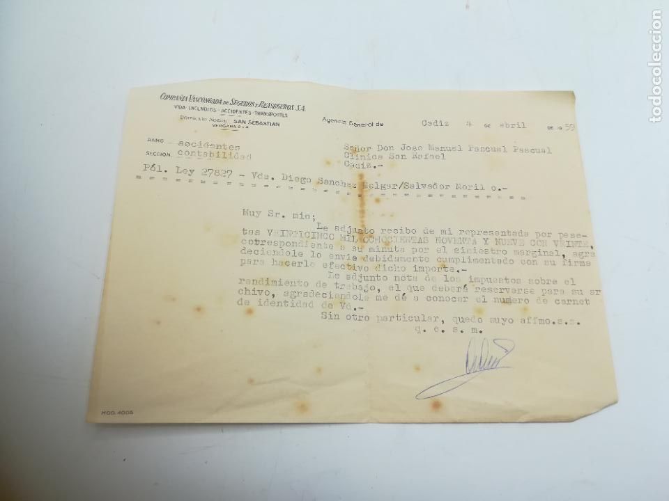 Cartas comerciales: CARTA COMERCIAL. COMPA&Ntilde;&Iacute;A VASCONGADA DE SEGUROS Y REASEGUROS. 1959. CADIZ. - Foto 1