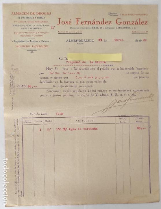Gesch&auml;ftsbriefe: 5 Cartas comerciales J. Fern&aacute;ndez Gonz&aacute;lez : Almac&eacute;n farmac&eacute;utico. Almendralejo 1930