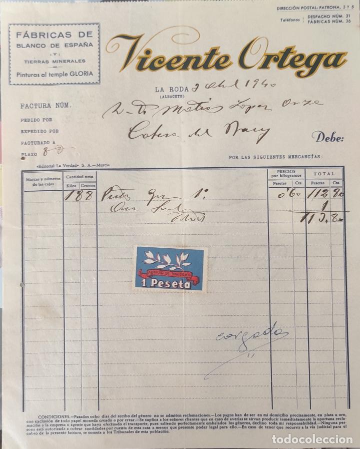 Gesch&auml;ftsbriefe: Carta comercial F&aacute;brica pinturas . La Roda 1940. Sello Auxilio Invierno .