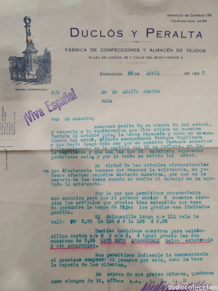 Gesch&auml;ftsbriefe: Carta de Zaragoza alegor&iacute;a viva Espa&ntilde;a do clocks y Peralta 1937