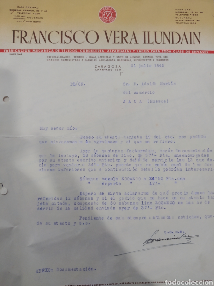 Gesch&auml;ftsbriefe: Carta Francisco Vera ilund&aacute;in Zaragoza 1945