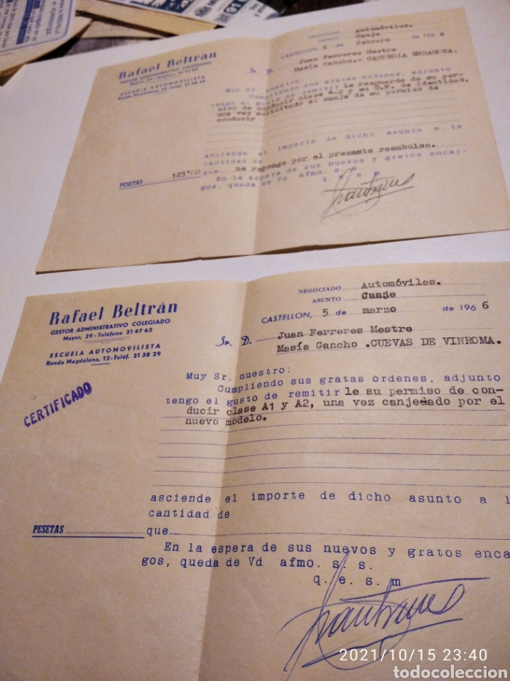Gesch&auml;ftsbriefe: Rafael Beltr&aacute;n, escuela automovilistica Castell&oacute;n 1966