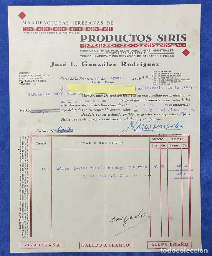Lettres commerciales: Carta comercial F&aacute;brica Tintas Productos Siri Gonz&aacute;lez Rguez. Jerez de la Frontera 1940