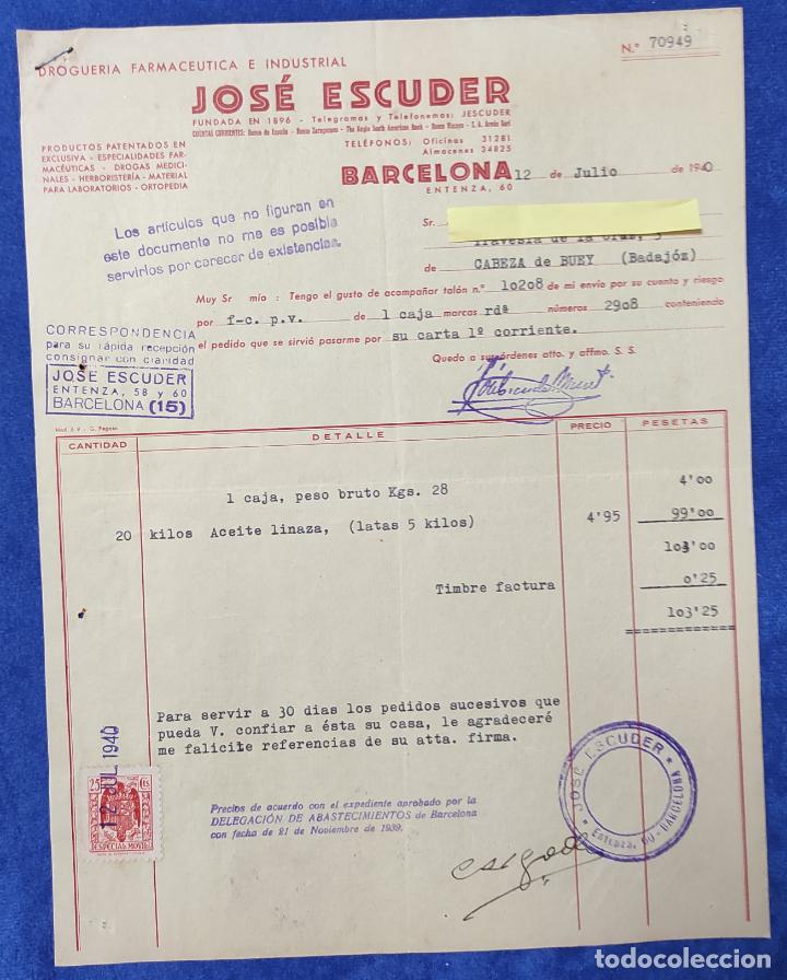 Lettres commerciales: Carta comercial Droguer&iacute;a Farmac&eacute;utica e Industrial J. Escuder . Barcelona 1940
