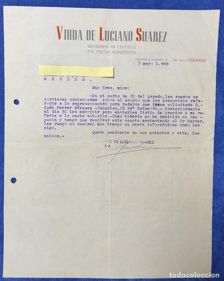 Lettres commerciales: Carta comercial Vda. Luciano Su&aacute;rez : Destiler&iacute;a de Castilla , F&aacute;brica Pastas . Valladolid 1948