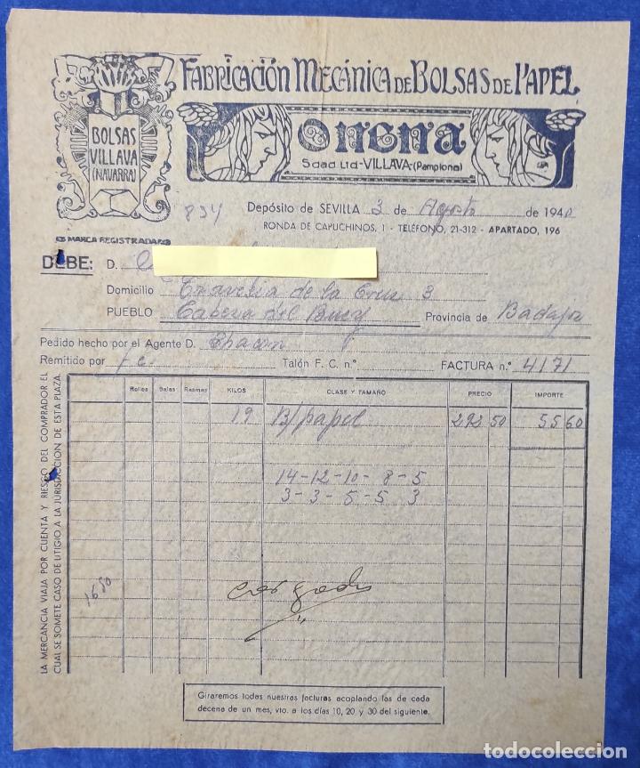 Lettres commerciales: Carta comercial F&aacute;brica Bolsas de Papel ; Bolsas Villava ( Navarra ) . Dep&oacute;sito Sevilla 1940