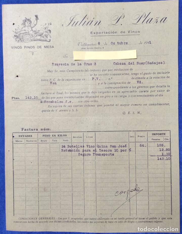 Lettres commerciales: Carta comercial Exportador de Vinos Juli&aacute;n L. Plaza . Valdepe&ntilde;as 1941