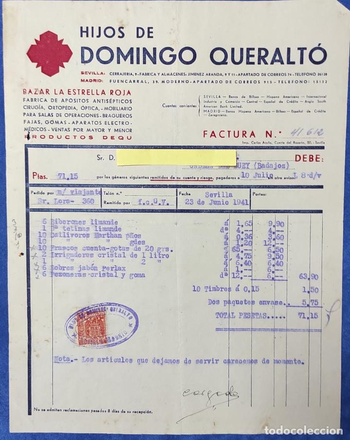 Lettres commerciales: Carta comercial Hijos de Domingo Queralt&oacute; : F&aacute;brica ap&oacute;sitos, ortopedia... Sevilla 1941