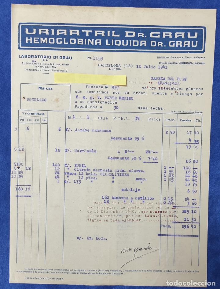 Lettres commerciales: Carta comercial Laboratorio Doctor Grau : Uriartril , Hemoglobina. Barcelona 1941