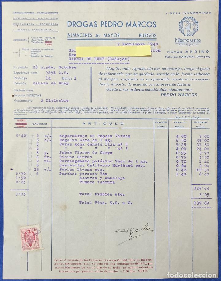Lettres commerciales: Carta comercial Especialidades farmac&eacute;uticas, productos qu&iacute;micos Drogas P. Marcos. Burgos 1940