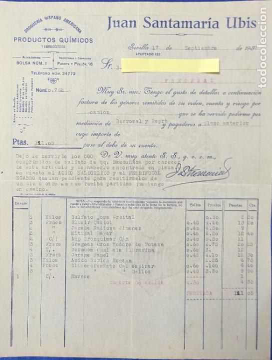 Lettres commerciales: Carta comercial Productos Qu&iacute;micos Droguer&iacute;a Juan Santamar&iacute;a Ubis. Sevilla 1930