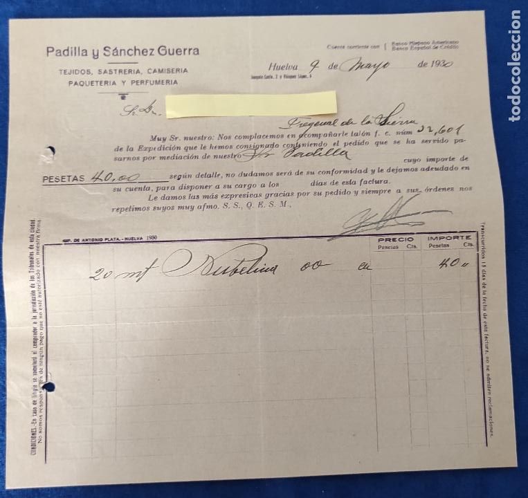 Commercial Letters: Carta comercial Padilla y S&aacute;nchez Guerra : Tejidos, Sastrer&iacute;a, Camiser&iacute;a . Huelva 1930