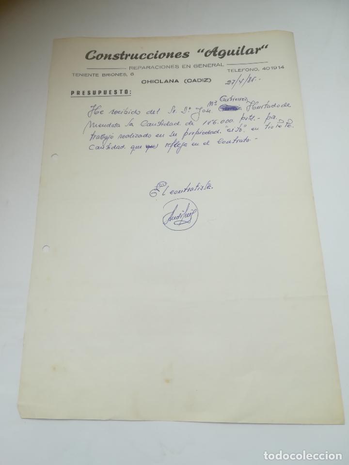 Cartas comerciais: RECIB&Iacute;. CONSTRUCCIONES AGUILAR. REPARACIONES EN GENERAL. CHICLANA, CADIZ. 1985