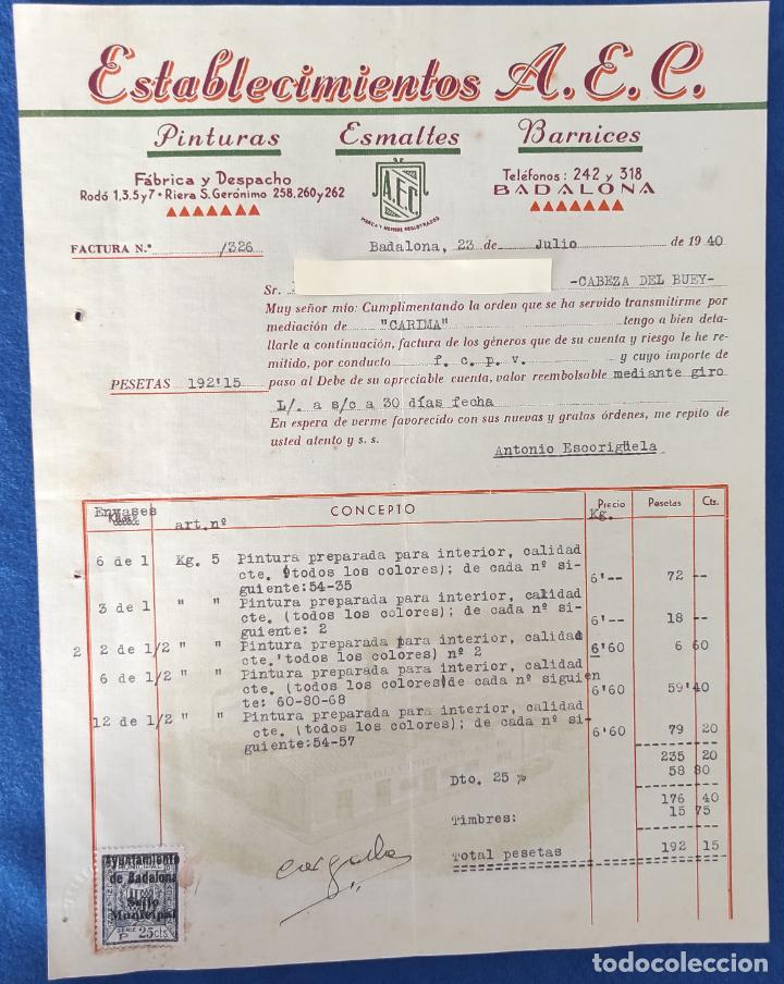 Lettere commerciali: Carta comercial Establecimientos A. E. C. : F&aacute;brica Pinturas, Esmaltes, Barnices . Badalona 1940