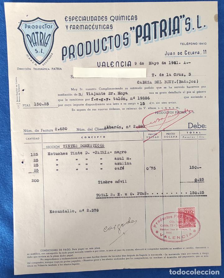 Lettere commerciali: Carta comercial Productos Patria : Especialidades Qu&iacute;micas y Farmac&eacute;uticas . Valencia 1941
