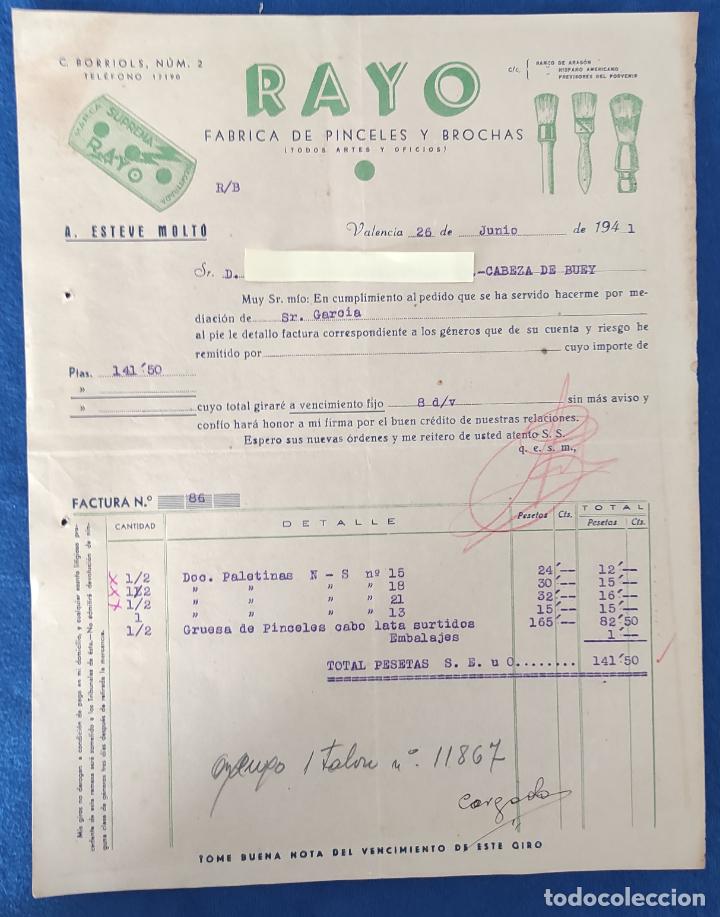Lettere commerciali: Carta Comercial F&aacute;brica Pinceles y brochas Rayo . Valencia 1941