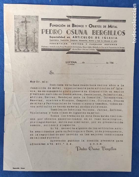Lettres commerciales: Antigua Carta Comercial P. Osuna Bergillos : Especialidad en art&iacute;culos de la Iglesia. A&ntilde;o 1940