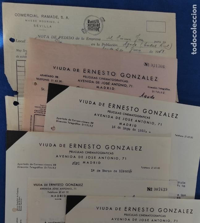 Lettres commerciales: Lote 13 Cartas comerciales y documentos Alquiler Pel&iacute;culas A&ntilde;os 50 Ernesto Gonz&aacute;lez . Madrid