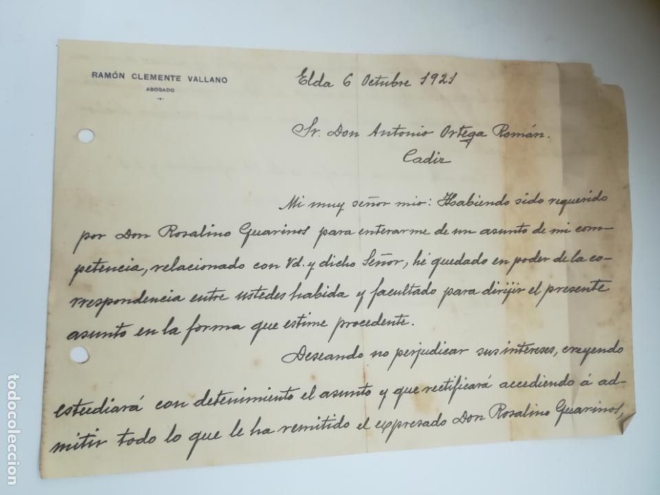 Gesch&auml;ftsbriefe: CARTA COMERCIAL. RAMON CLEMENTE VALLANO. ABOGADO. 1921. ELDA, ALICANTE
