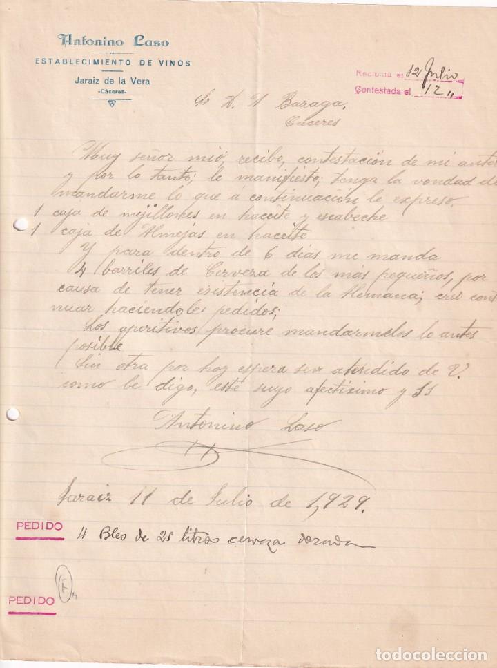 Cartas comerciales: ANTONIO LASO. ESTABLECIMIENTO DE VINOS. JARAIZ DE LA VERA. C&Aacute;CERES. FIRMA PROPIETARIO.
