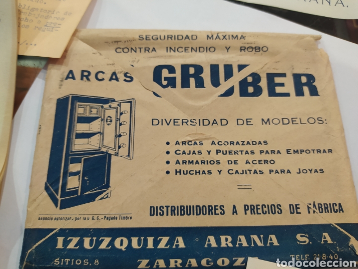 Cartas comerciales: Sobre publicitario con documentos sobre cajas de fuertes de seguridad 1956 Zaragoza Izuquiza Arana