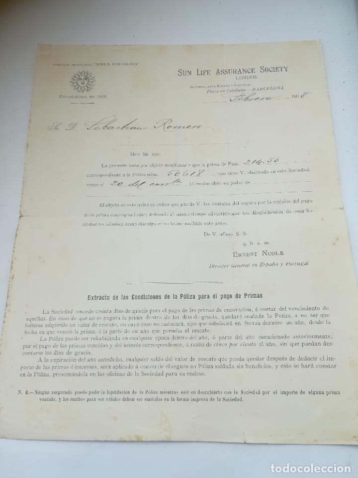 Cartas comerciales: CARTA MANIFIESTO DE PRECIO DE POLIZA. SUN LIFE ASSURANCE SOCIETY. LONDRES. 1898. ERNEST NOBLE
