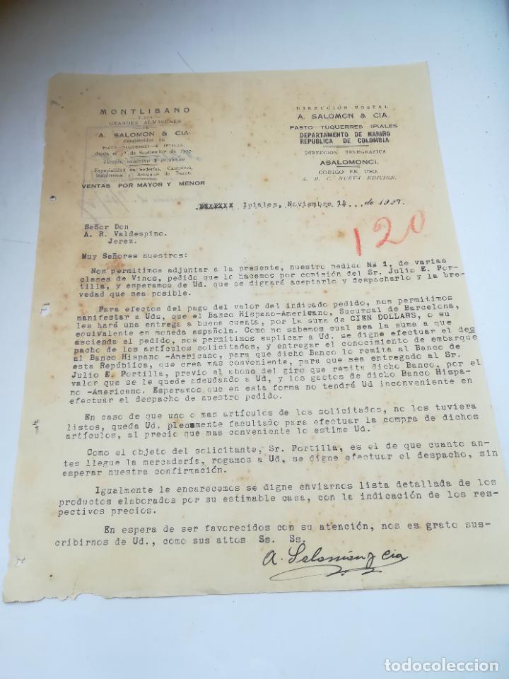 Cartas comerciales: CARTA COMERCIAL. MONTLIBANO Y SUS GRANDES ALMACENES. A.SALOMON & CIA. SEDERIAS, CAMISIRES. 1927
