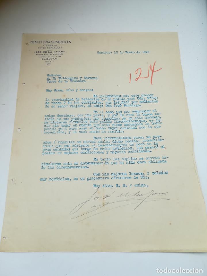 Cartas comerciales: CARTA COMERCIAL. CONFITER&Iacute;A VENEZUELA. VINOS ESPA&Ntilde;OLES. JOS&Eacute; DE LA TORRE. CARACAS. 1927
