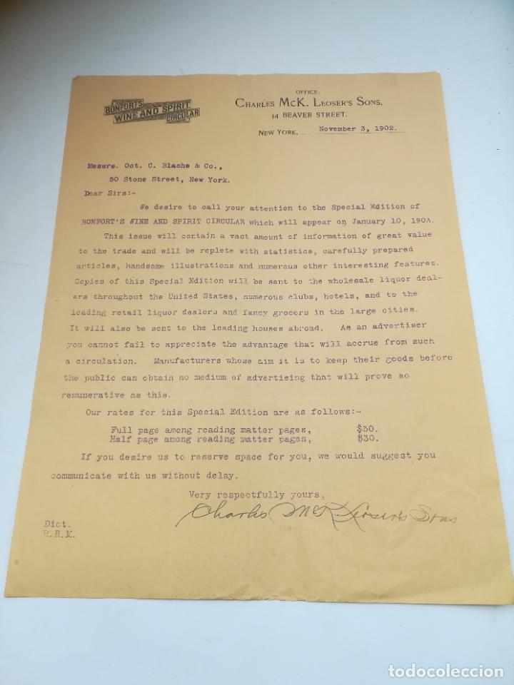 Cartas comerciales: CARTA COMERCIAL. BONFORTS WINE AND SPIRIT CIRCULAR. NEW YORK, 1902