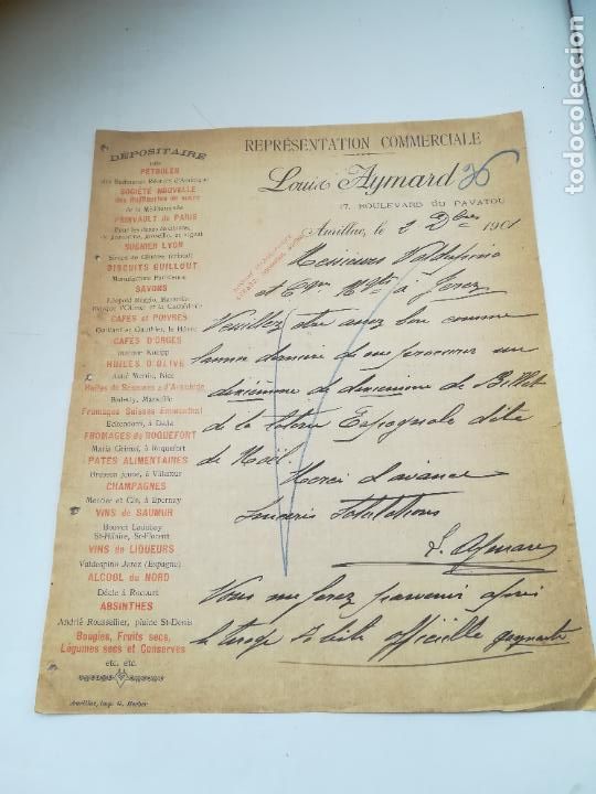 Lettere commerciali: CARTA COMERCIAL. LOUIS AYMARD. DEPOSITAIRE DES PETROLES. 1901