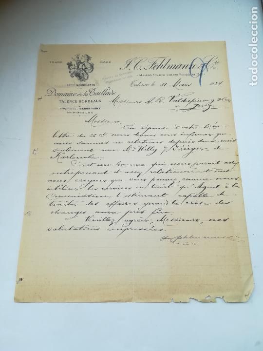 Lettere commerciali: CARTA COMERCIAL. J.C.FEHLMANN & CIE. DOMAINE DER LA TAILLADE. TALENCE, FRANCIA. 1924
