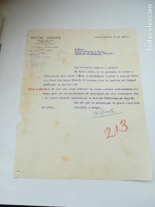 Lettere commerciali: CARTA COMERCIAL. HENRI DEST&Eacute;. BOGOT&Aacute;, COLOMBIA. 1927