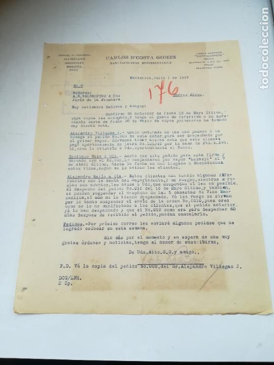 Lettere commerciali: CARTA COMERCIAL. CARLOS D'COSTA GOMEZ. 1927. MANIZALES, COLOMBIA