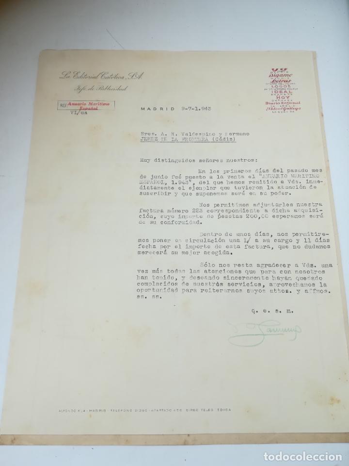 Lettres commerciales: CARTA COMERCIAL Y FACTURA DEL ANUARIO MAR&Iacute;TIMO ESPA&Ntilde;OL. LA EDITORIAL CAT&Oacute;LICA. MADRID. 1943.