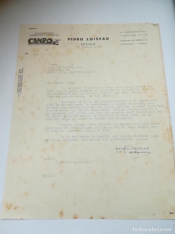 Lettres commerciales: CARTA COMERCIAL. REVISTA AGROPECUARIA CAMPO. PEDRO LOISEAU. SEVILLA. 1948