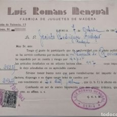 Cartas comerciales: DENIA. ALICANTE. LUIS ROMANS MENGUAL. FABRICA JUGUETES MADERA. CARTA COMERCIAL, 1943. Lote 304856468