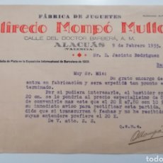 Cartas comerciales: ALACUAS. VALENCIA. ALFREDO MOMPÓ MULLOR. FABRICA DE JUGUETES. CARTA COMERCIAL, 1933. Lote 304854698