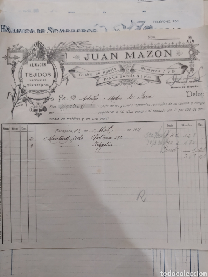 Lettres commerciales: Factura 1900 18 Juan Maz&oacute;n almac&eacute;n de tejidos Zaragoza