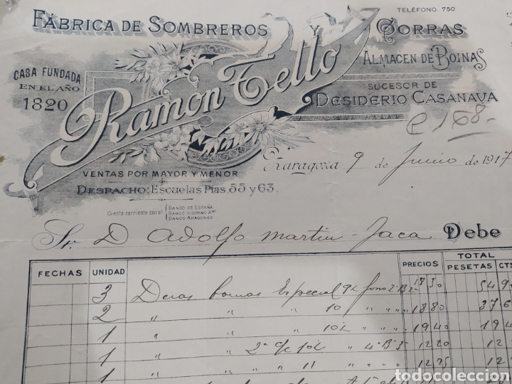 Lettres commerciales: Ram&oacute;n Tello f&aacute;brica de sombreros Zaragoza 1917