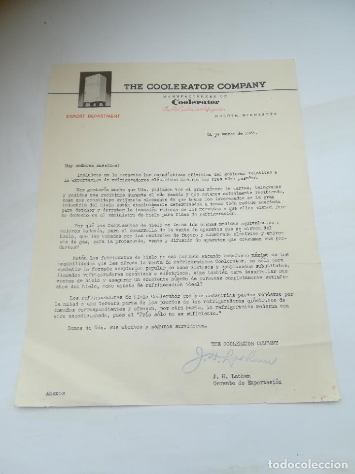 Lettres commerciales: CARTA COMERCIAL. THE COOLERATOR COMPANY. MARZO 1936. EXPORT DEPARMENT