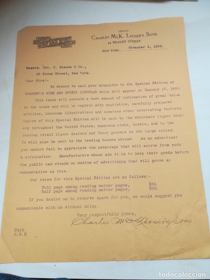 Lettres commerciales: CARTA COMERCIAL. BONFORT'S WINE AND SPIRIT CIRCULAR. 1902. NEW YORK