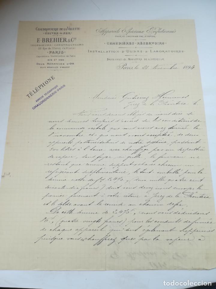 Lettres commerciales: CARTA COMERCIAL. CHAUDRONNERIE DE LA VILLETTE. E.BREHIER & CIE. PARIS. 1894